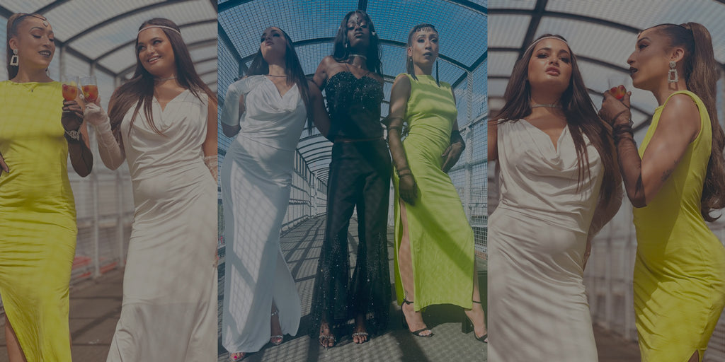Landscape image of 3 photographs - left and right show two women wearing a rented lime green dress and white evening gown. The centre image shows 3 ladies in a white evening gown, black bejewlled co-ord two piece and the last in a lime green maxi dress