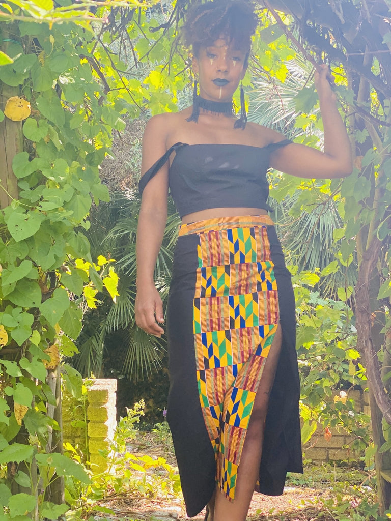Black + Yellow Kente Split Skirt + Crop Top Co-ord - One Wear Freedom handmade front