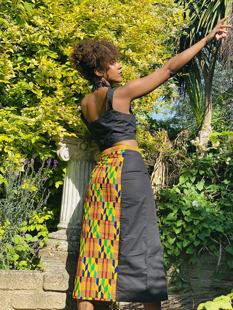 Black + Yellow Kente Split Skirt + Crop Top Co-ord - One Wear Freedom handmade back 