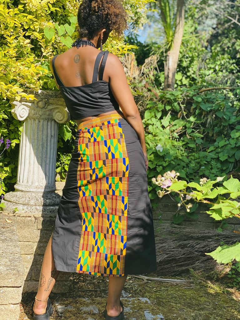 Black + Yellow Kente Split Skirt + Crop Top Co-ord - One Wear Freedom handmade back 2