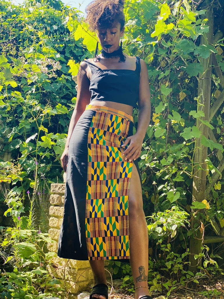 Black + Yellow Kente Split Skirt + Crop Top Co-ord - One Wear Freedom handmade front 3