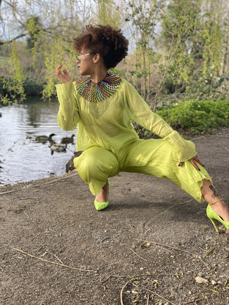 Lime Shimmer + Chiffon Blouse + Trouser Co-ord - One Wear Freedom - Front Sitting