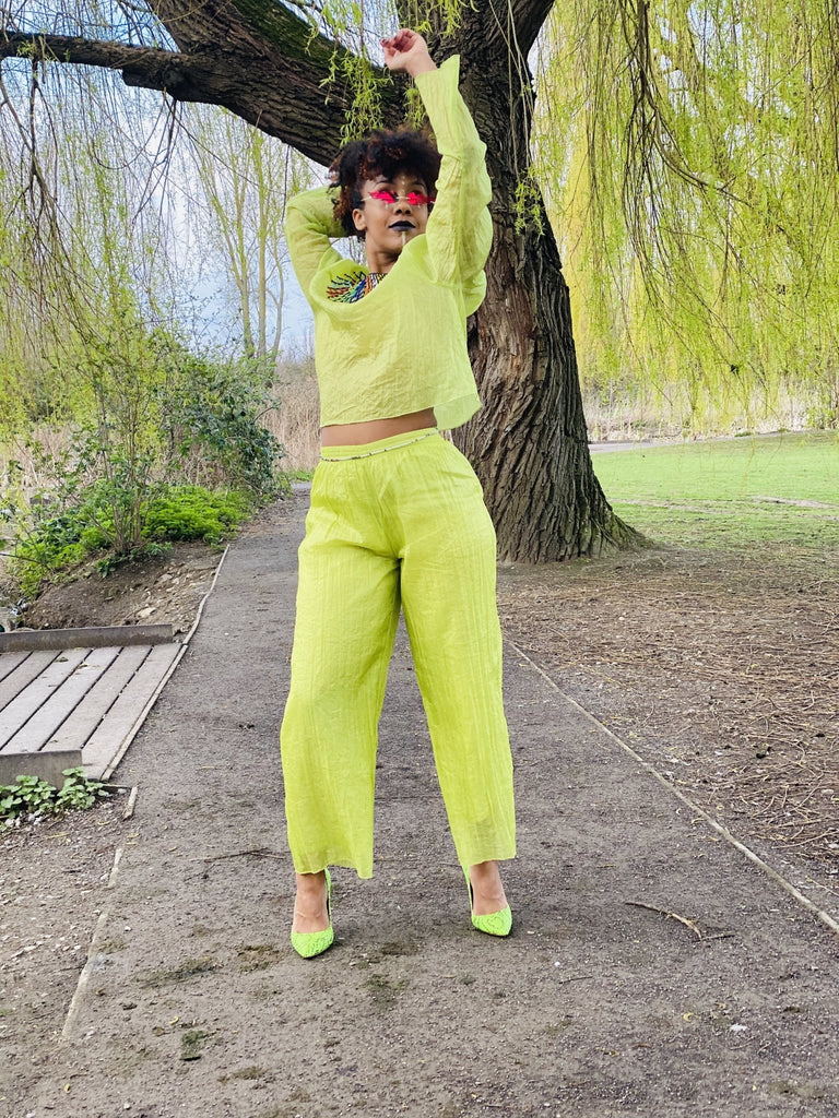 Lime Shimmer + Chiffon Blouse + Trouser Co-ord - One Wear Freedom - Front Arms Up