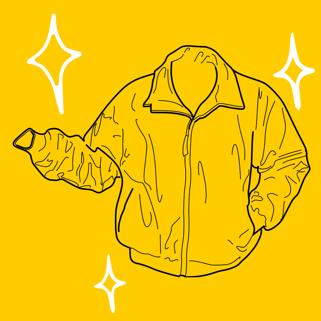 Icon of cartoon jacket posed with hand in pocket and arm outstretched with three cartoon stars surrounding it