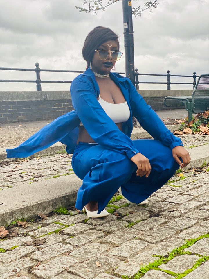 Royal Blue Bombyx Mori Maxi Coat + Trouser Suit - One Wear Freedom 