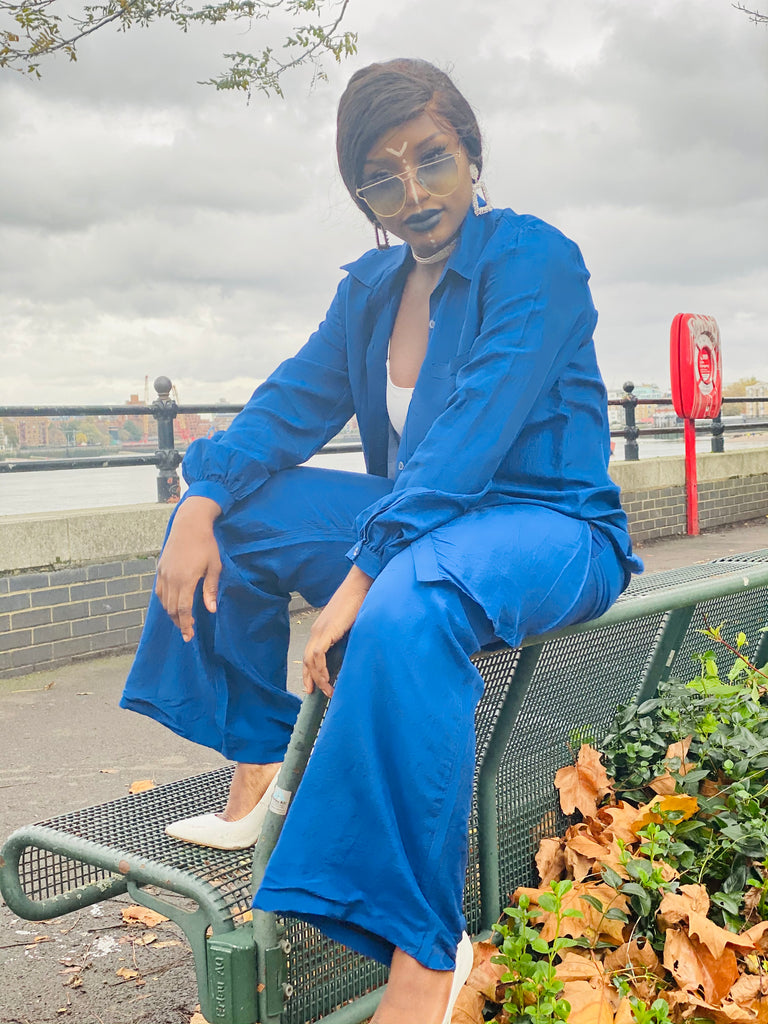 Royal Blue Bombyx Mori Maxi Coat + Trouser Suit - One Wear Freedom #product_tags#