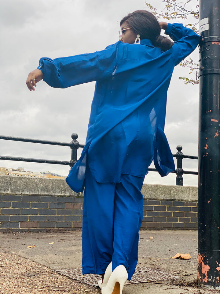 Royal Blue Bombyx Mori Maxi Coat + Trouser Suit - One Wear Freedom 