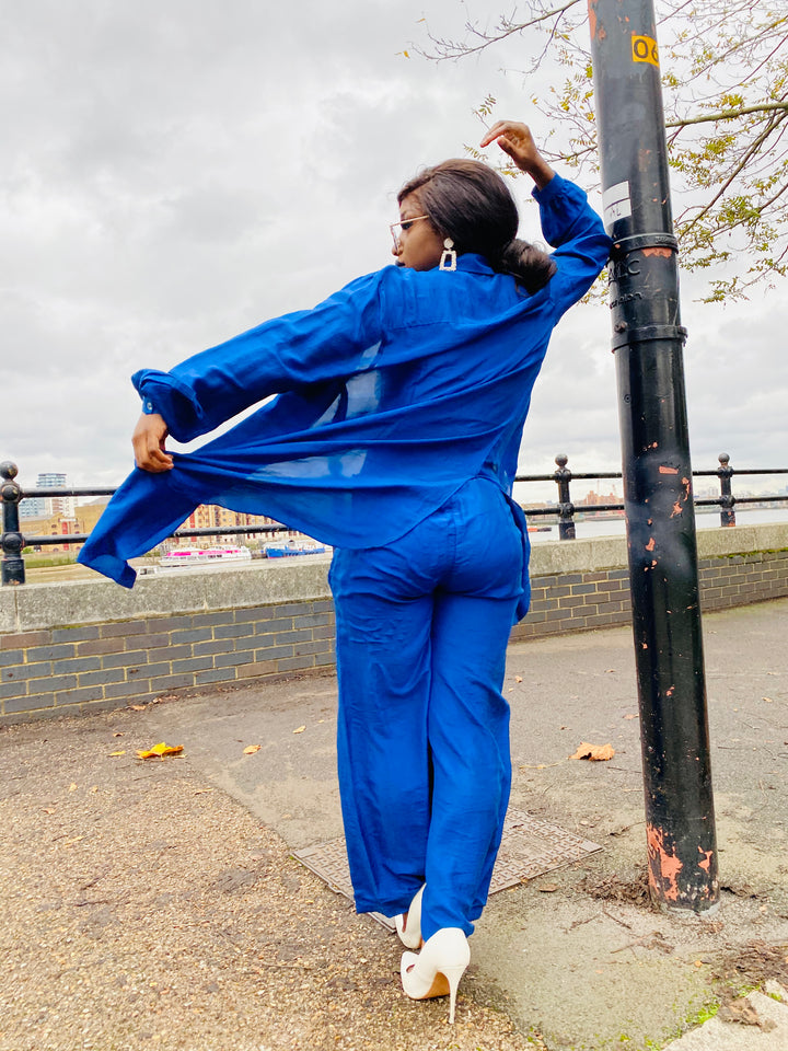Royal Blue Bombyx Mori Maxi Coat + Trouser Suit - One Wear Freedom 