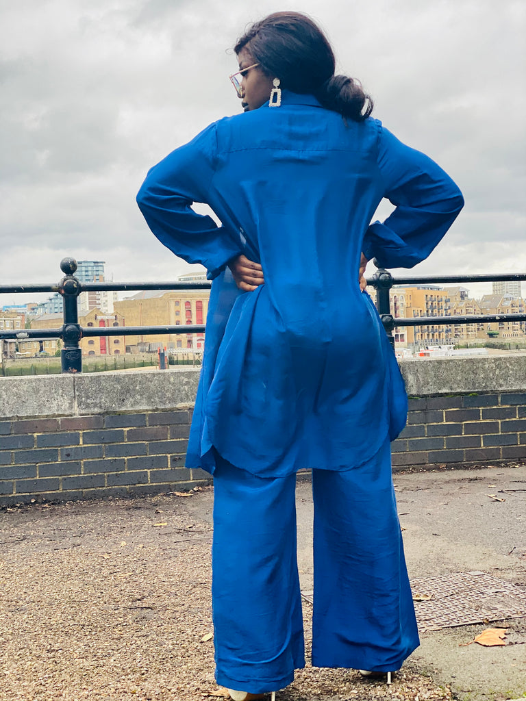 Royal Blue Bombyx Mori Maxi Coat + Trouser Suit - One Wear Freedom #product_tags#