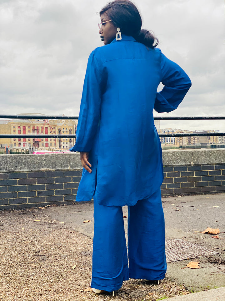 Royal Blue Bombyx Mori Maxi Coat + Trouser Suit - One Wear Freedom 