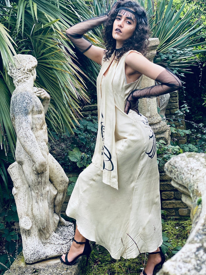 Afghan Gold Bombyx Mori Maxi Dress - One Wear Freedom handmade silk left side
