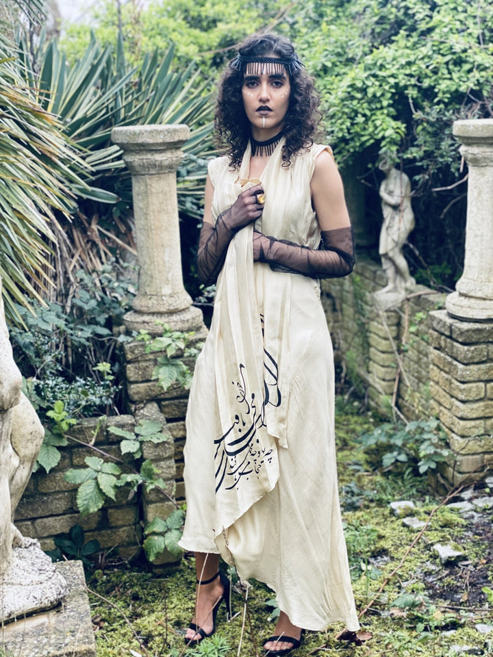Afghan Gold Bombyx Mori Maxi Dress - One Wear Freedom handmade silk front 2