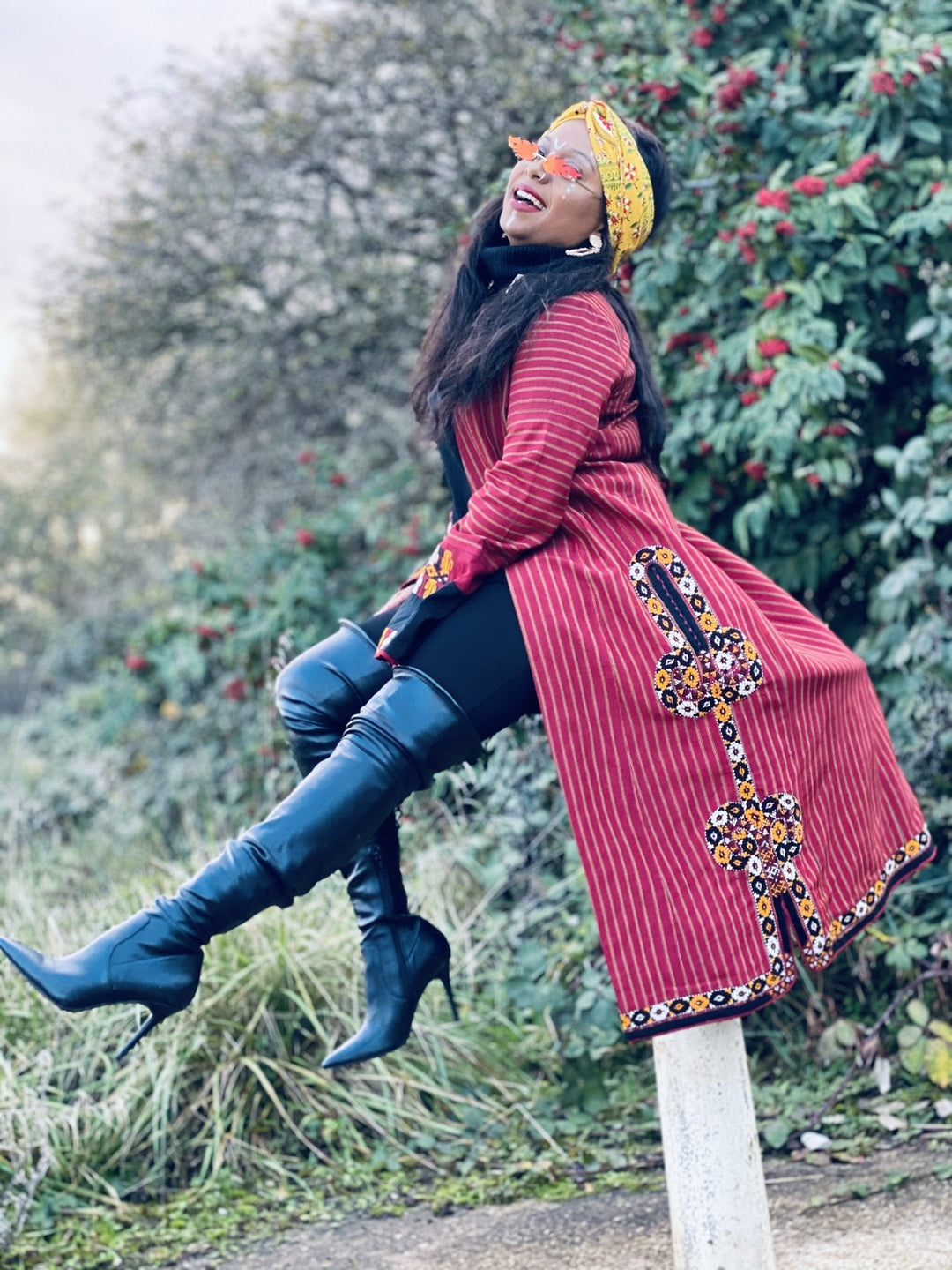Afghan Heritage Striped Poppy + Gold Maxi Jacket with Embroidery - One Wear Freedom #product_tags#