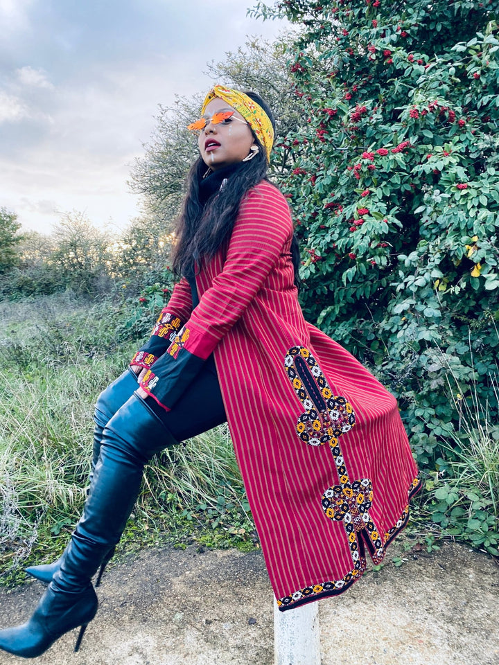 Afghan Heritage Striped Poppy + Gold Maxi Jacket with Embroidery - One Wear Freedom 