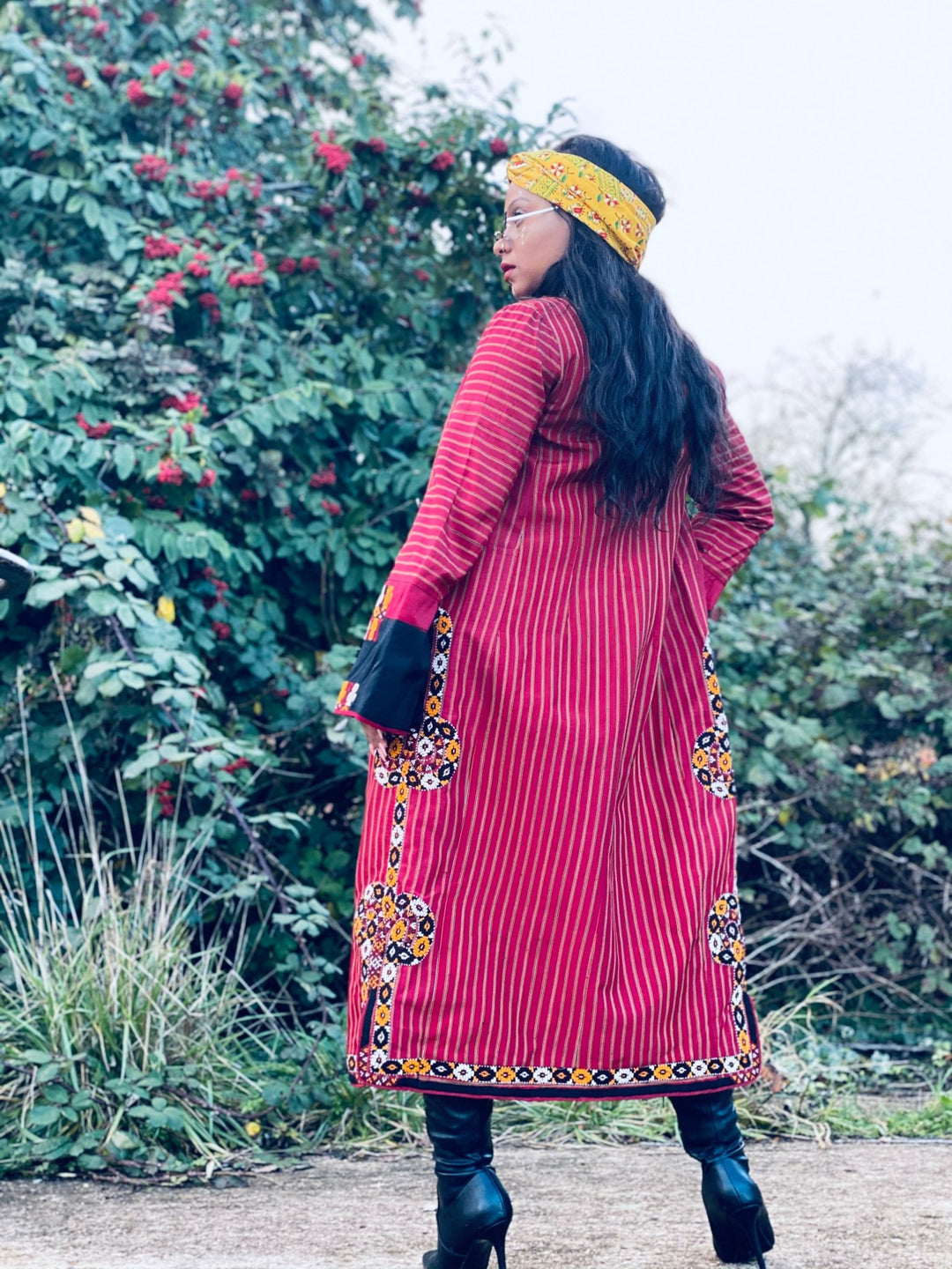 Afghan Heritage Striped Poppy + Gold Maxi Jacket with Embroidery - One Wear Freedom 