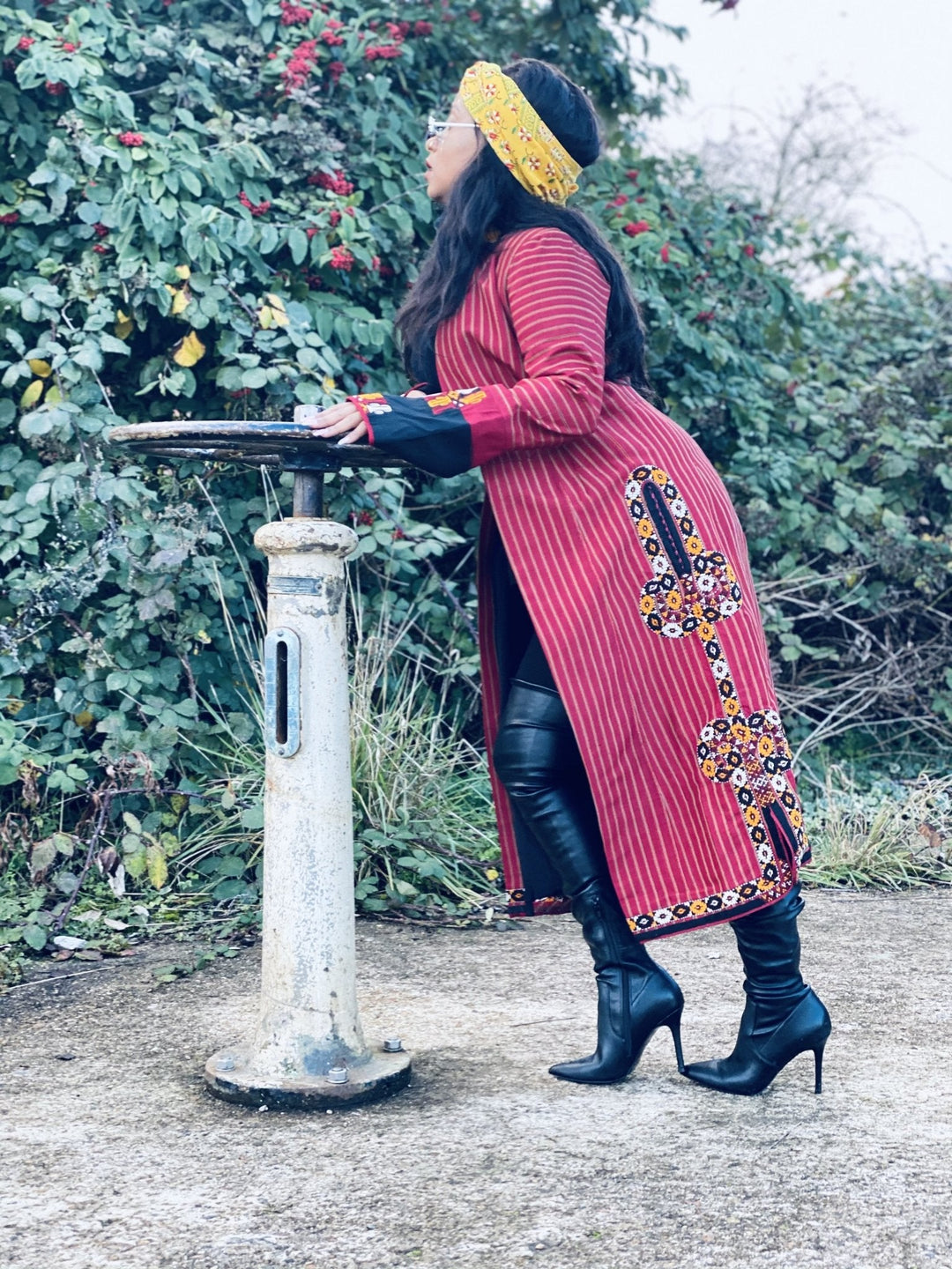 Afghan Heritage Striped Poppy + Gold Maxi Jacket with Embroidery - One Wear Freedom 