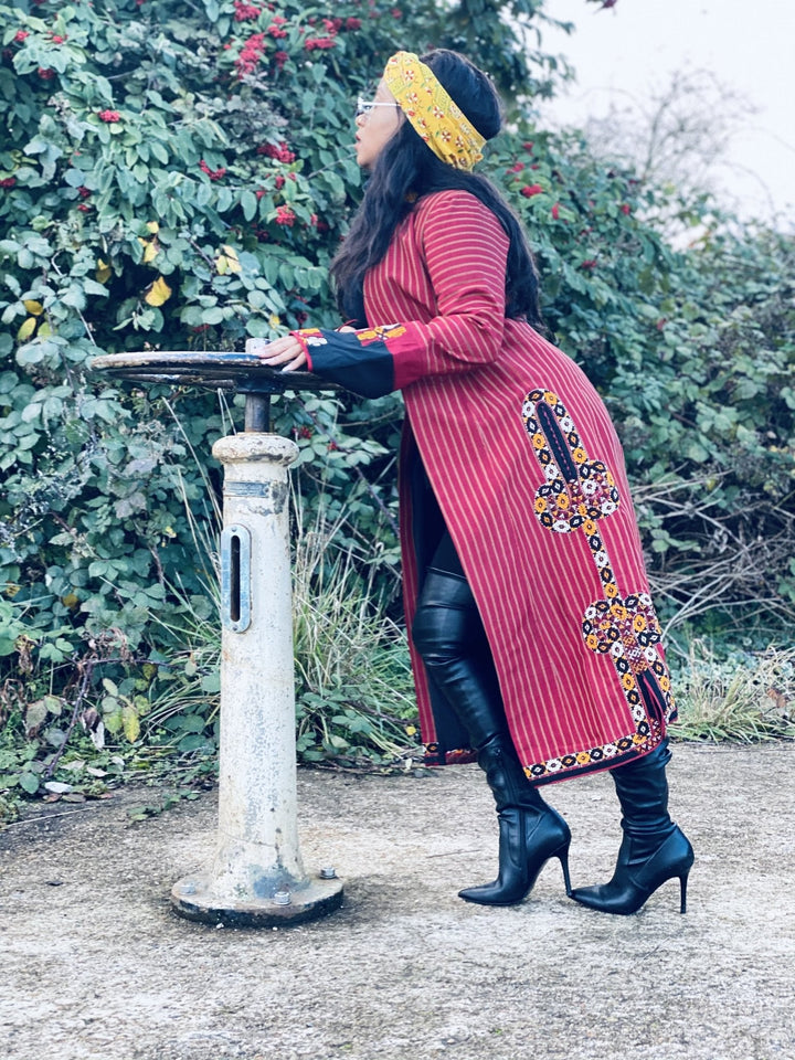 Afghan Heritage Striped Poppy + Gold Maxi Jacket with Embroidery - One Wear Freedom 