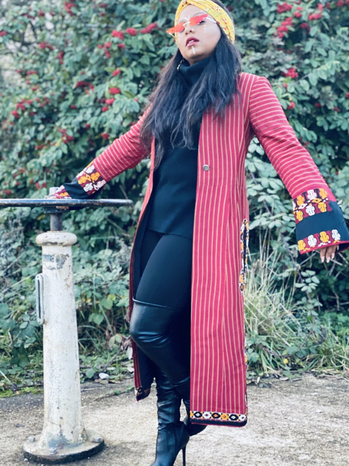 Afghan Heritage Striped Poppy + Gold Maxi Jacket with Embroidery - One Wear Freedom 
