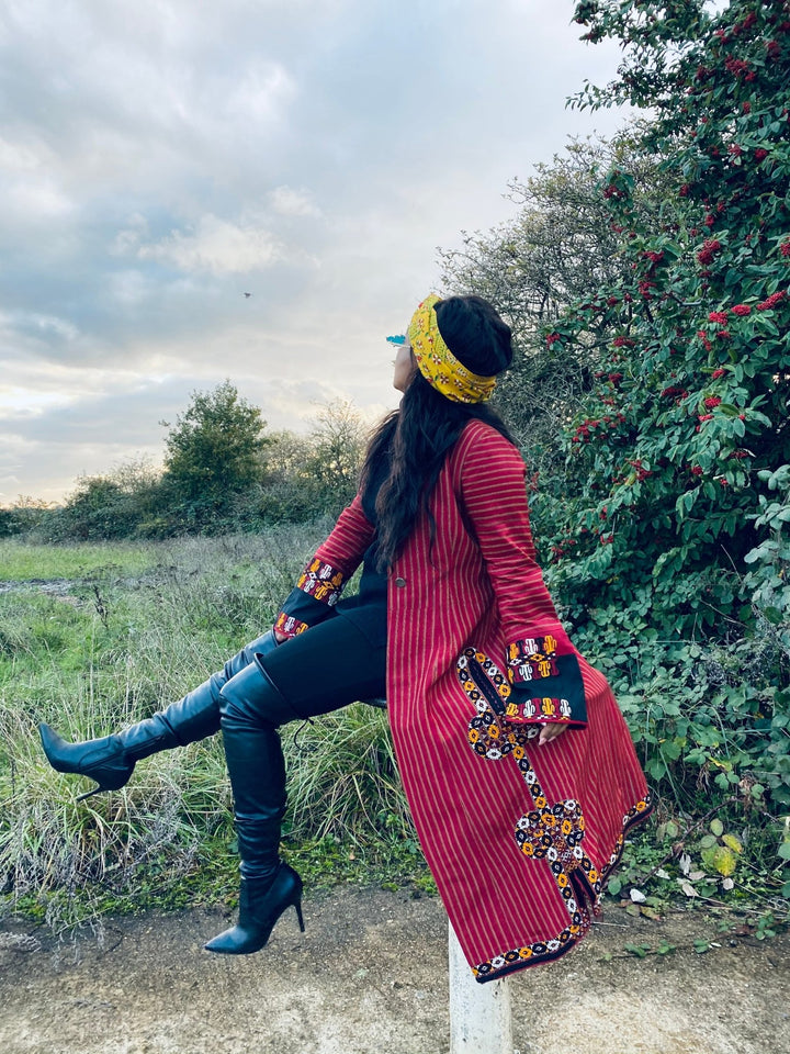 Afghan Heritage Striped Poppy + Gold Maxi Jacket with Embroidery - One Wear Freedom 