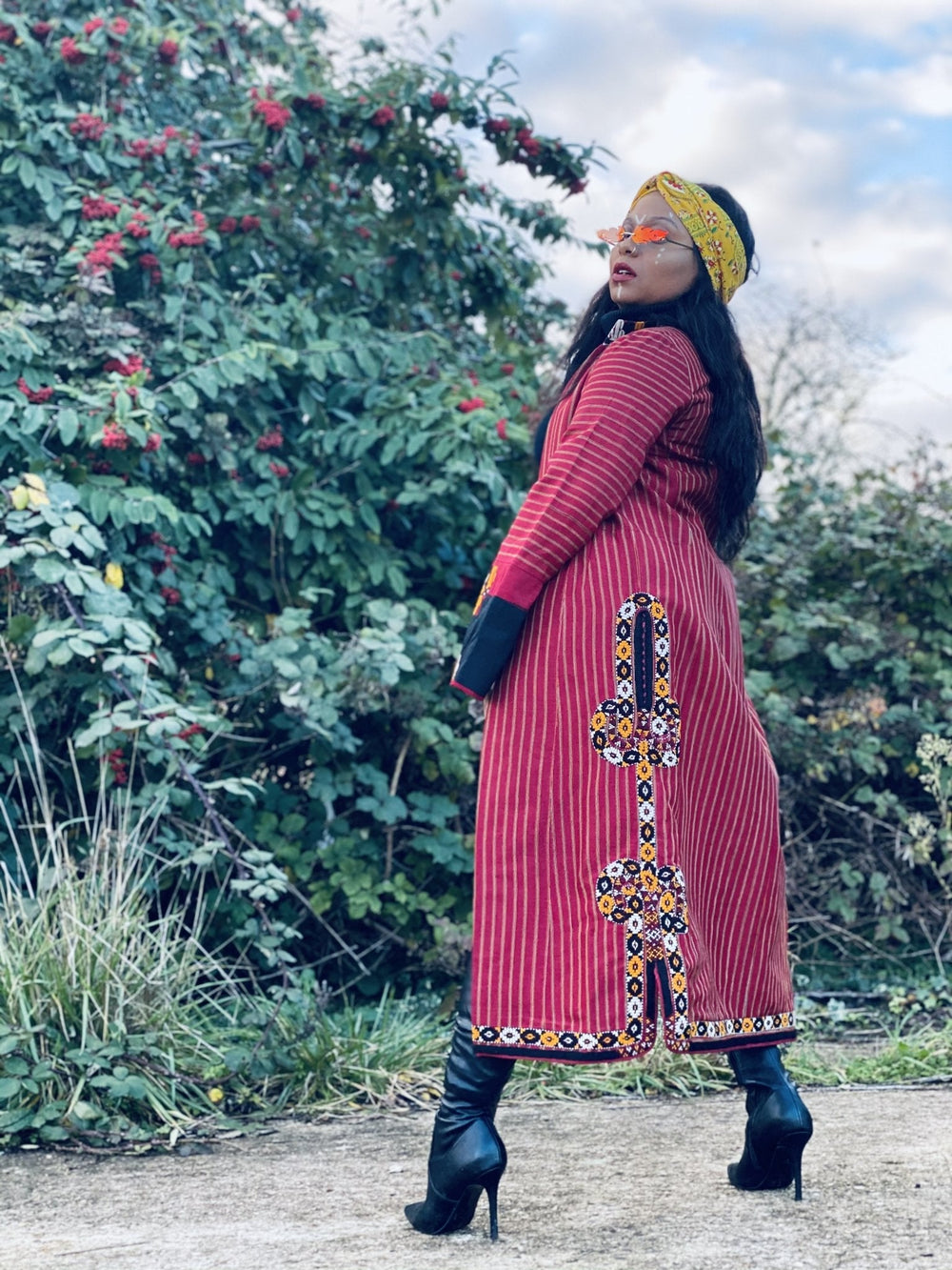 Afghan Heritage Striped Poppy + Gold Maxi Jacket with Embroidery - One Wear Freedom #product_tags#