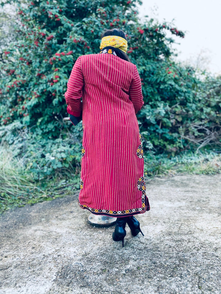 Afghan Heritage Striped Poppy + Gold Maxi Jacket with Embroidery - One Wear Freedom 