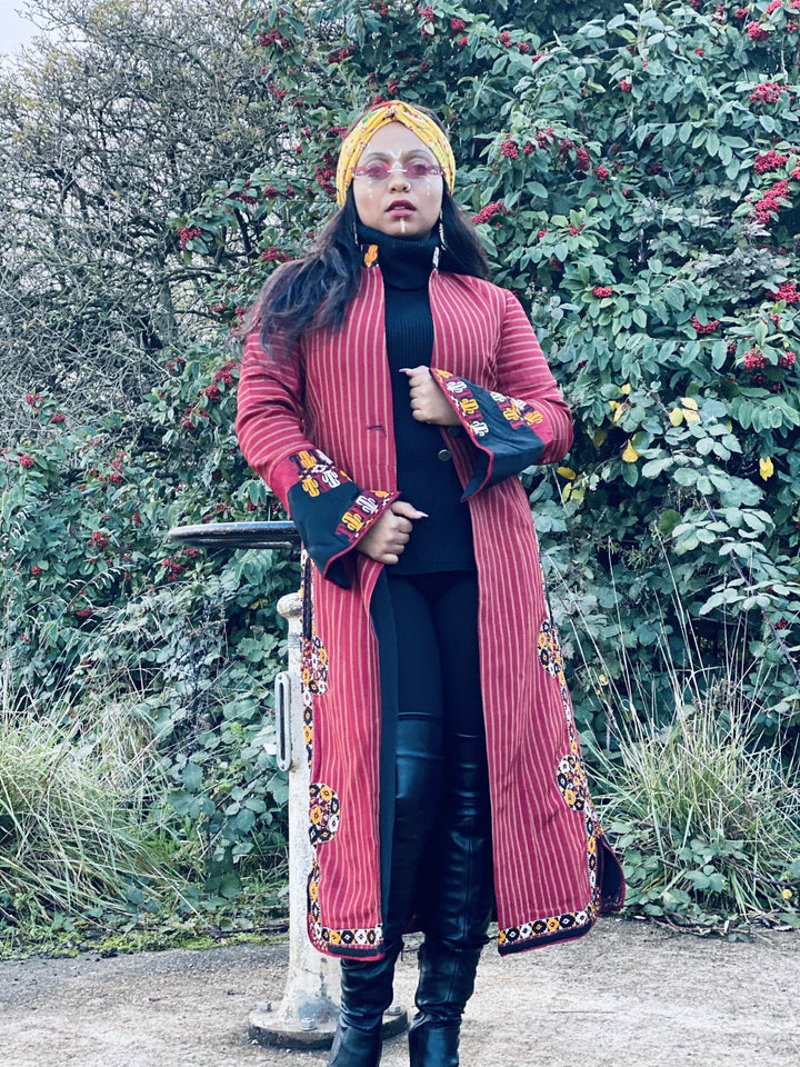 Afghan Heritage Striped Poppy + Gold Maxi Jacket with Embroidery - One Wear Freedom 