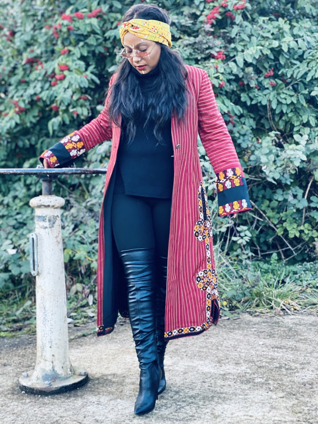 Afghan Heritage Striped Poppy + Gold Maxi Jacket with Embroidery - One Wear Freedom 