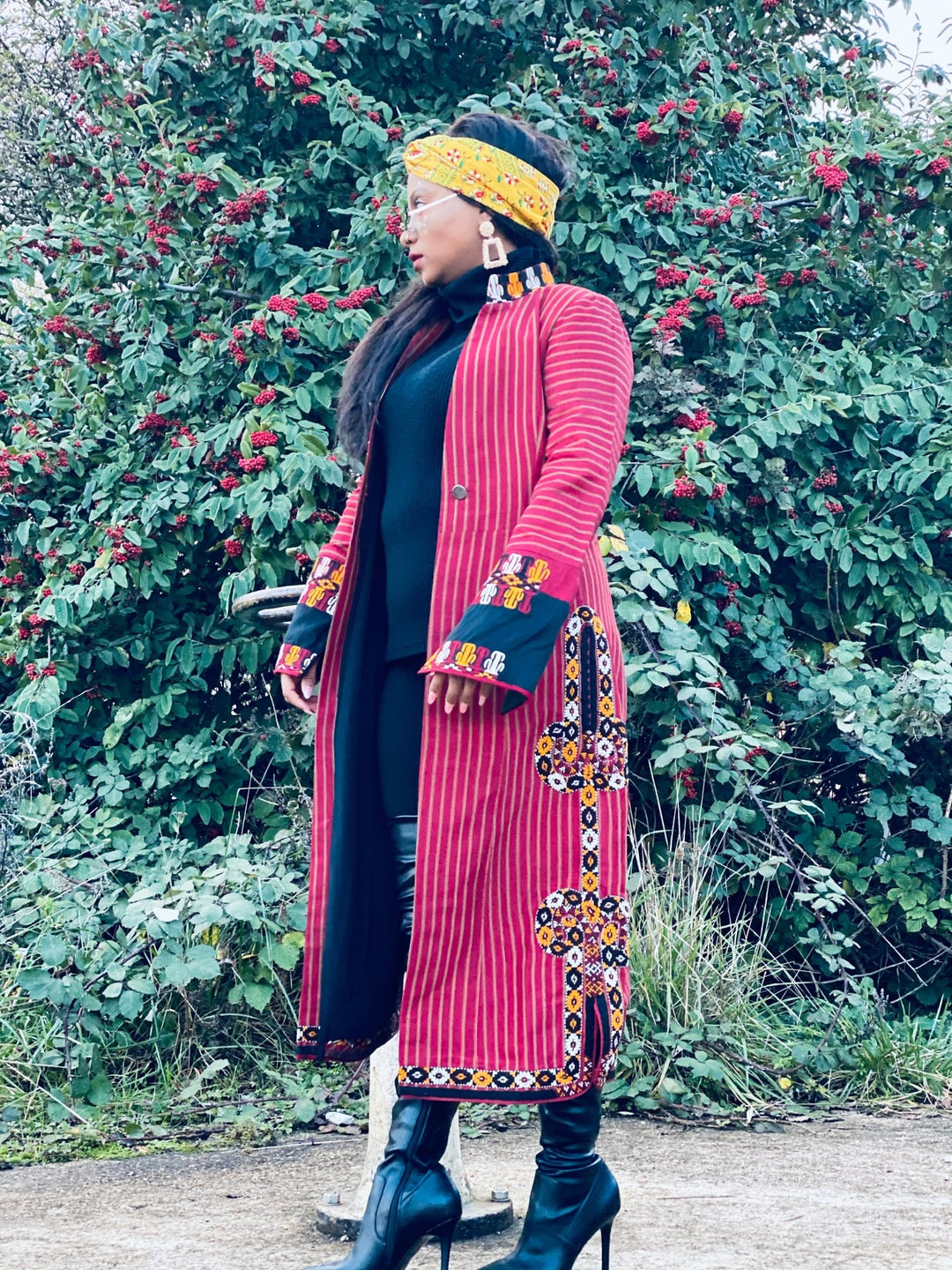 Afghan Heritage Striped Poppy + Gold Maxi Jacket with Embroidery - One Wear Freedom 