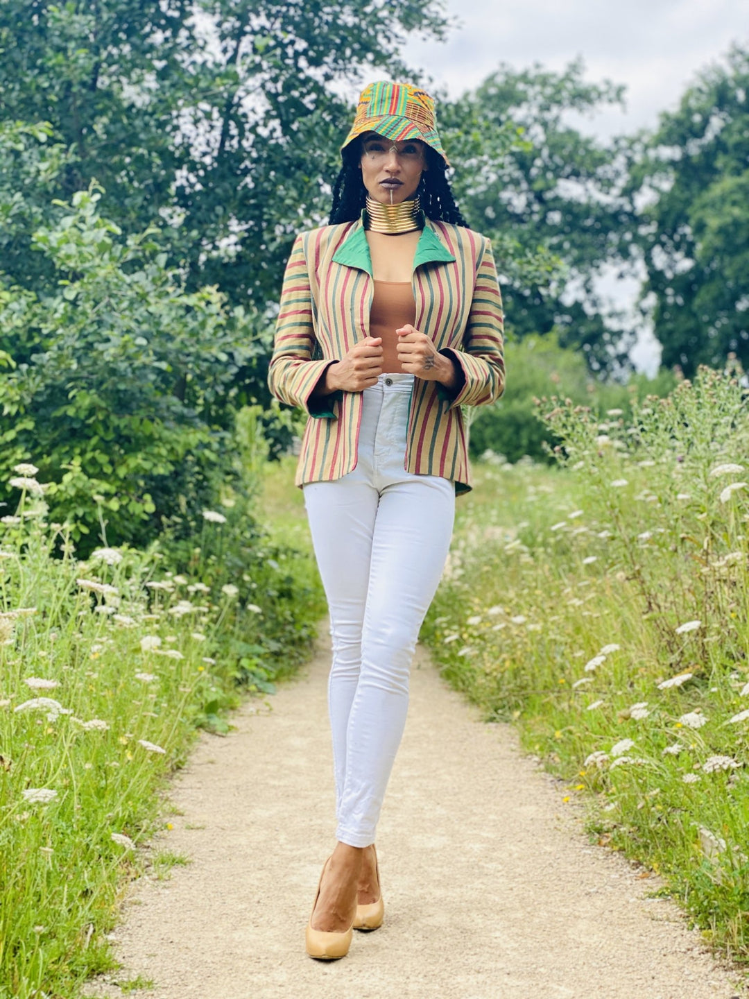 Afghan Silk Beige, Green + Red Stripe Blazer - One Wear Freedom handmade front hat
