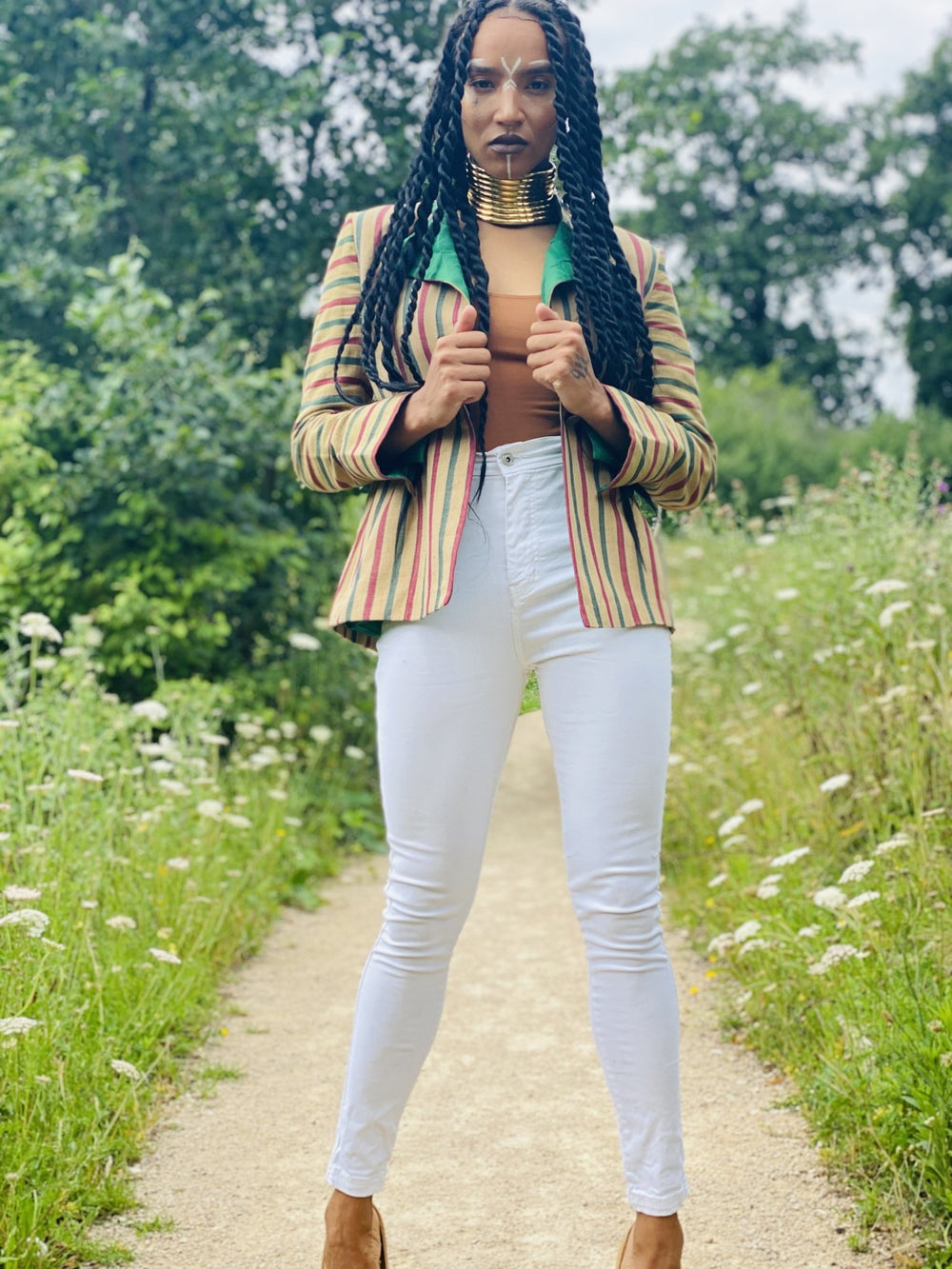 Afghan Silk Beige, Green + Red Stripe Blazer - One Wear Freedom handmade front 2