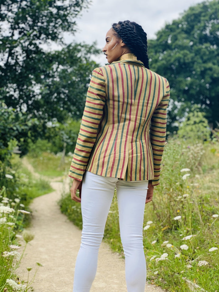Afghan Silk Beige, Green + Red Stripe Blazer - One Wear Freedom handmade back
