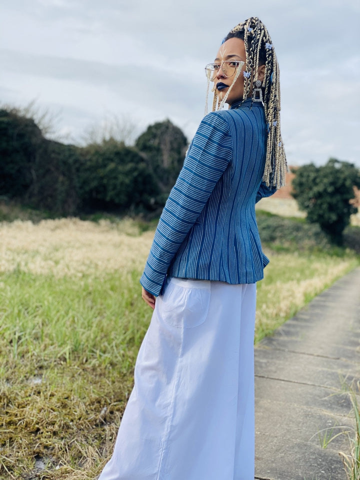 Afghan Silk Blue + White Pin-Stripe Blazer - One Wear Freedom 