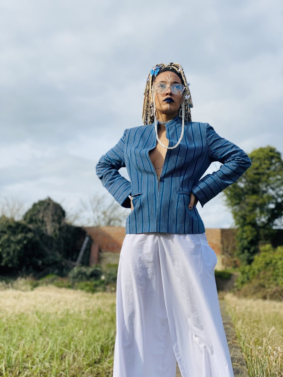 Afghan Silk Blue + White Pin-Stripe Blazer - One Wear Freedom 