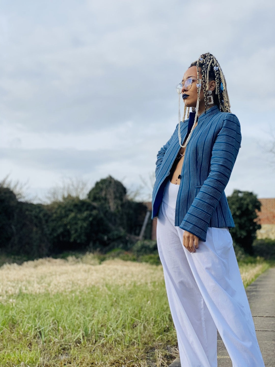 Afghan Silk Blue + White Pin-Stripe Blazer - One Wear Freedom #product_tags#