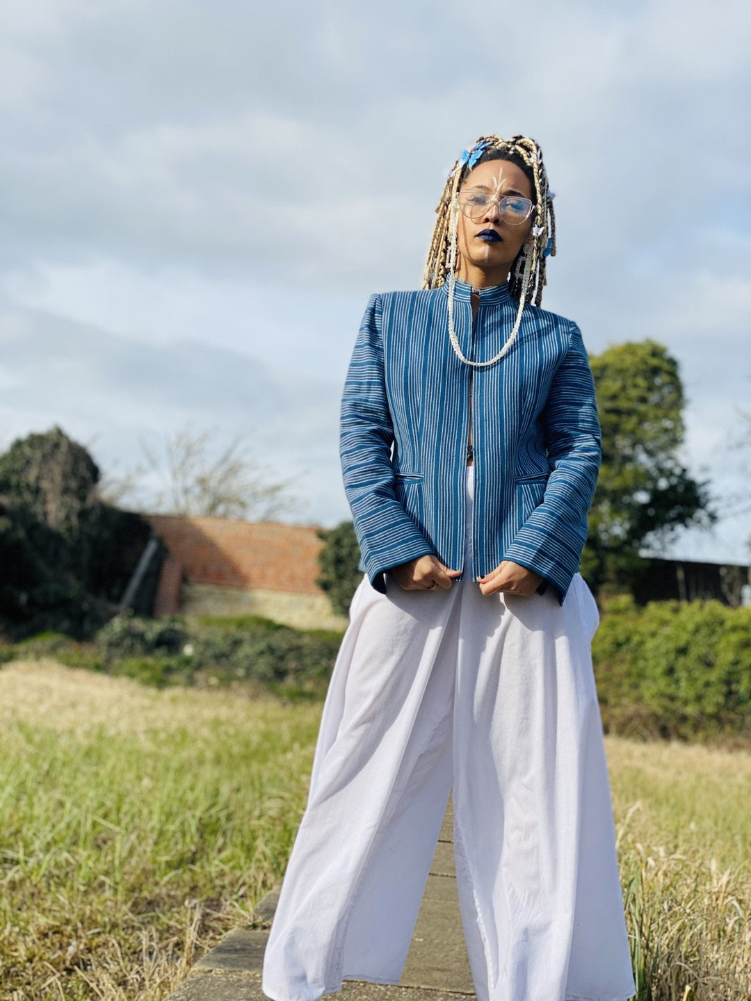 Afghan Silk Blue + White Pin-Stripe Blazer - One Wear Freedom 