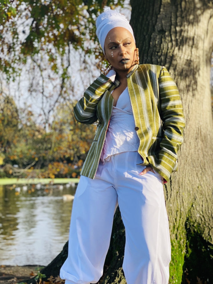 Afghan Silk Green + White Stripe Blazer - One Wear Freedom 