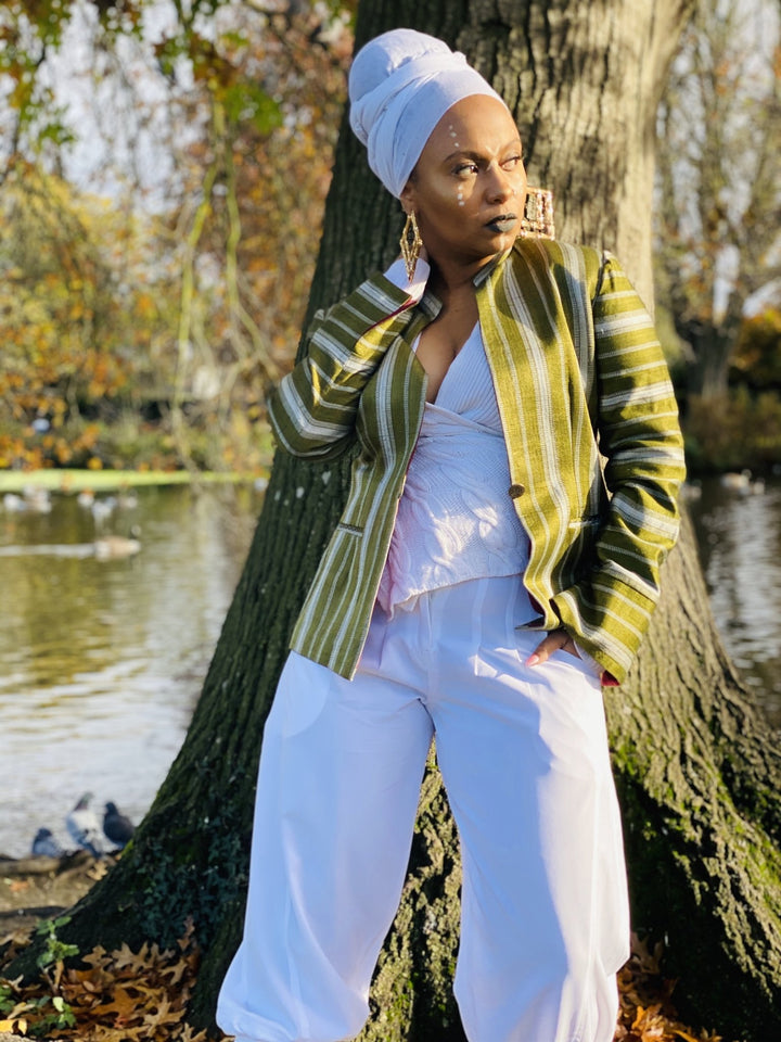 Afghan Silk Green + White Stripe Blazer - One Wear Freedom 