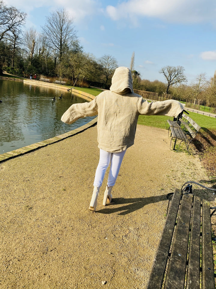 Au Natural Flax Jacket with Pointy Hood - One Wear Freedom vintage back sleeves