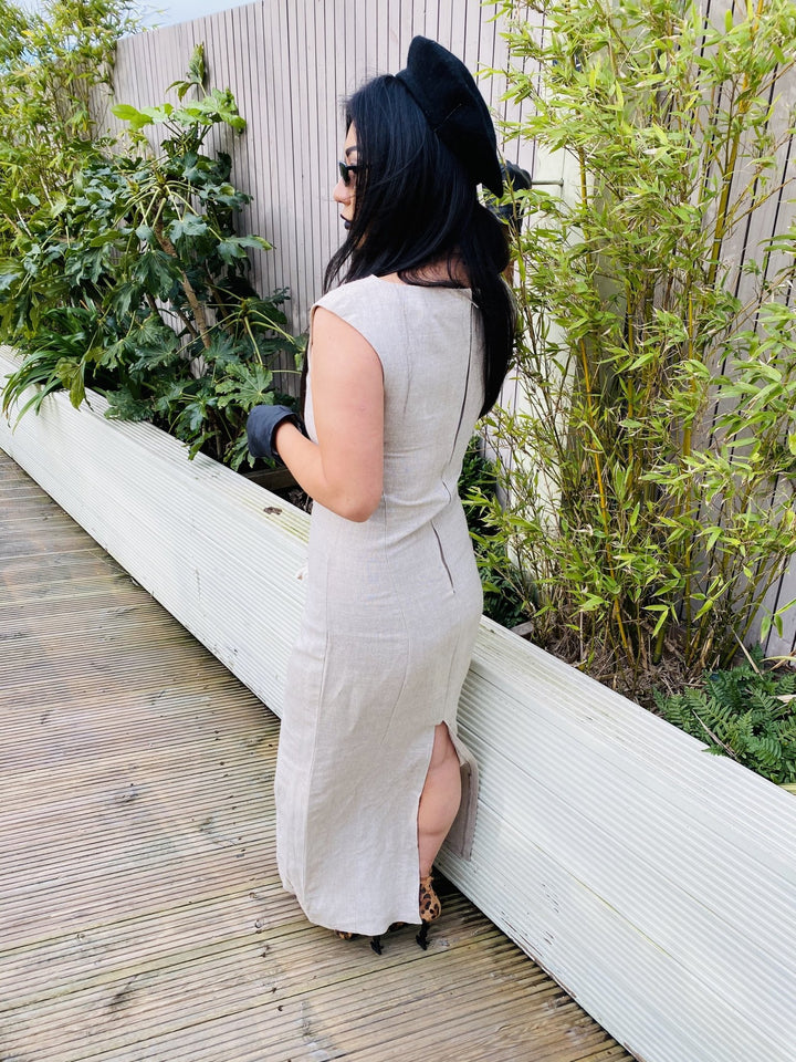 Au Natural Flax Maxi Dress with Front Pocket - One Wear Freedom handmade linen back left