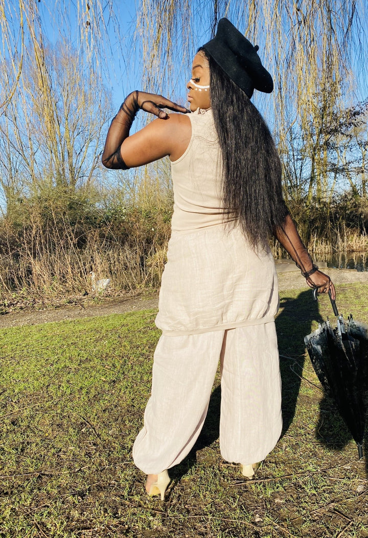 Beige Camellia Ruffle Blouse + Trouser Co-ord - One Wear Freedom linen back
