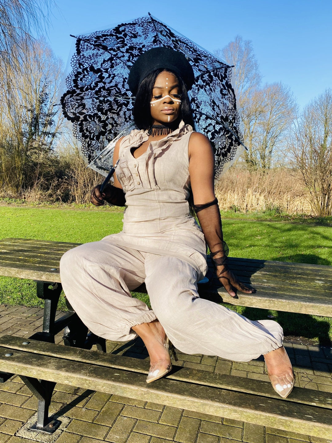 Beige Camellia Ruffle Blouse + Trouser Co-ord - One Wear Freedom linen front sitting