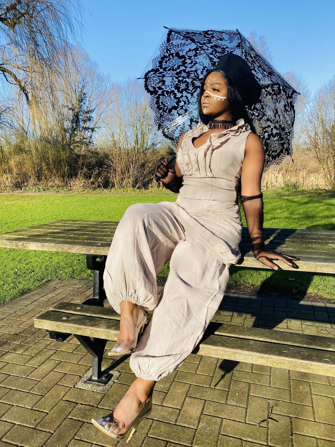Beige Camellia Ruffle Blouse + Trouser Co-ord - One Wear Freedom linen front