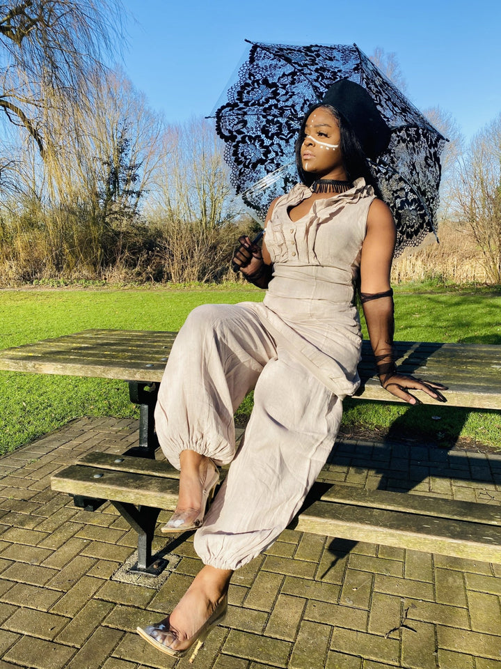 Beige Camellia Ruffle Blouse + Trouser Co-ord - One Wear Freedom linen front