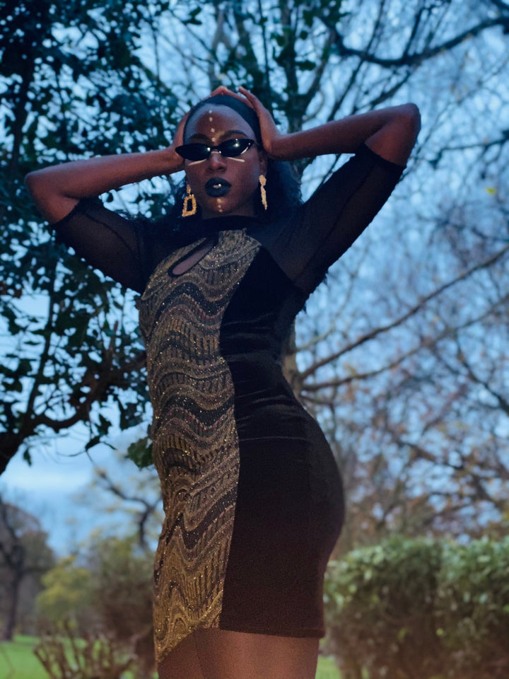 Bejewelled Black Velvet Mini Dress - One Wear Freedom 