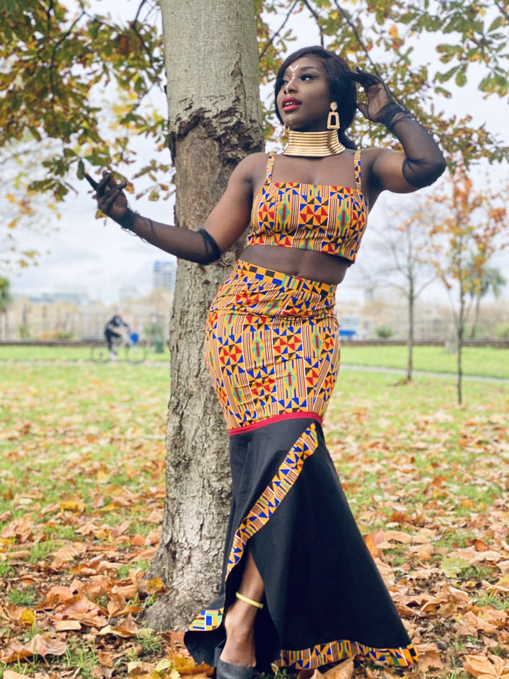 Black Kente Goddess Fishtail Skirt + Crop Co-ord - One Wear Freedom 