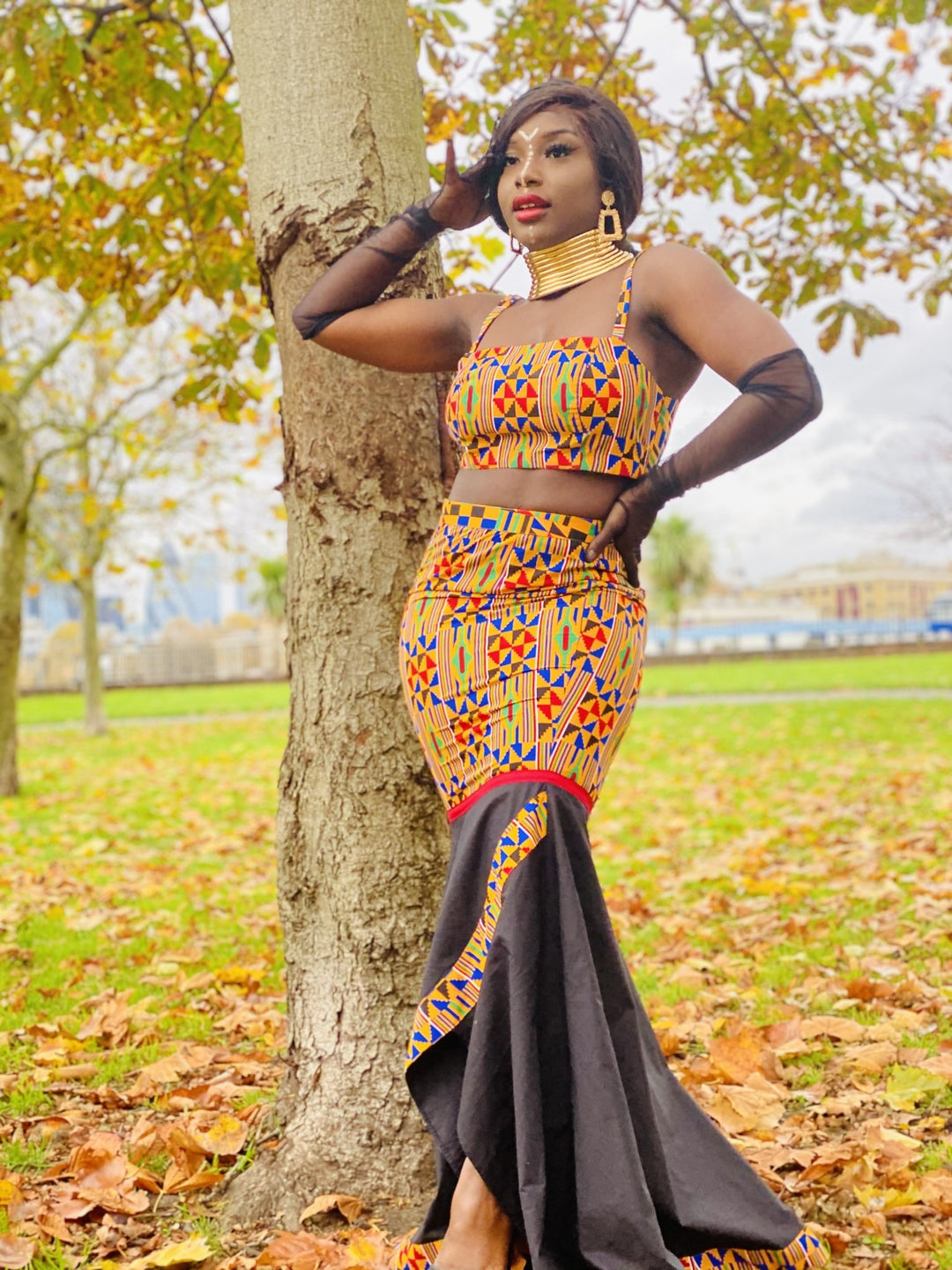 Black Kente Goddess Fishtail Skirt + Crop Co-ord - One Wear Freedom 