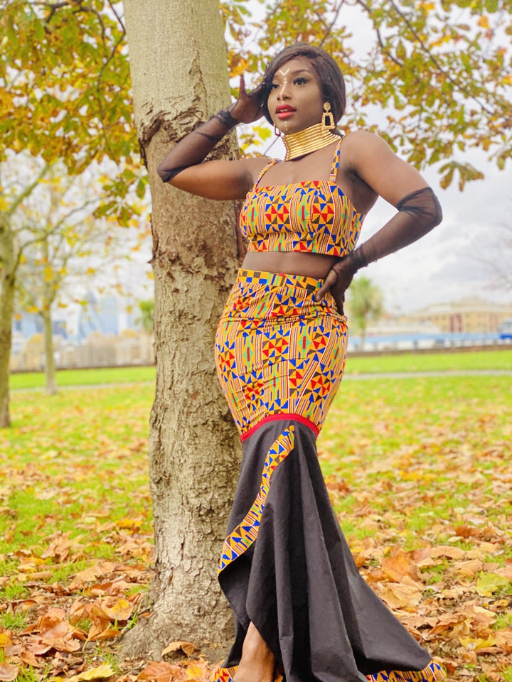Black Kente Goddess Fishtail Skirt + Crop Co-ord - One Wear Freedom 