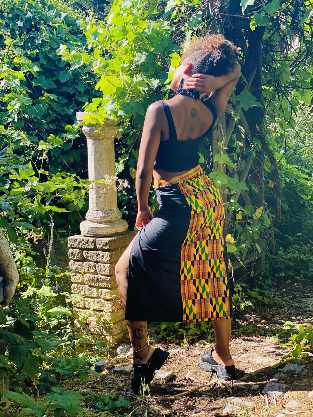 Black + Yellow Kente Split Skirt + Crop Top Co-ord - One Wear Freedom handmade side back