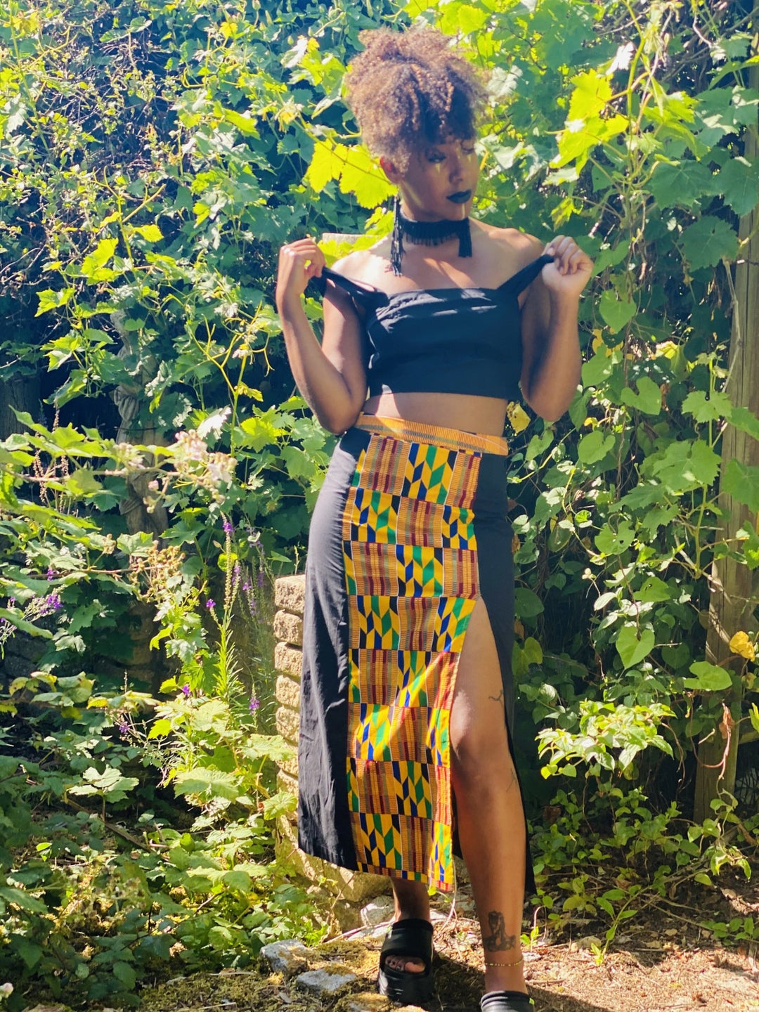 Black + Yellow Kente Split Skirt + Crop Top Co-ord - One Wear Freedom handmade front 2