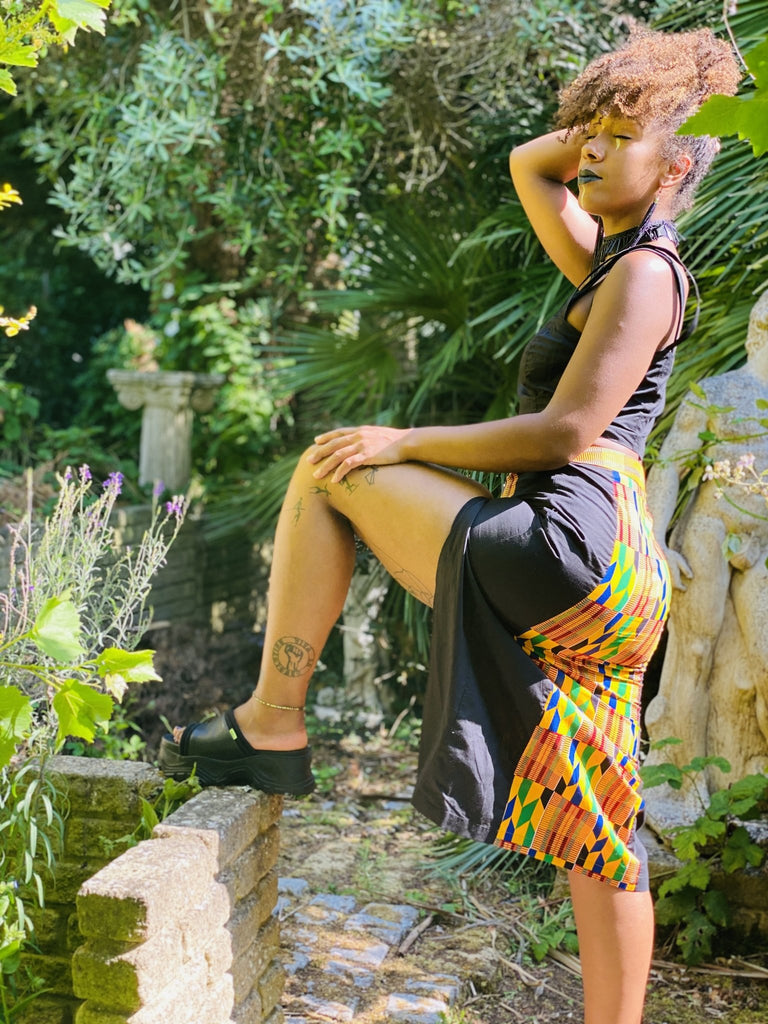 Black + Yellow Kente Split Skirt + Crop Top Co-ord - One Wear Freedom handmade side leg-up